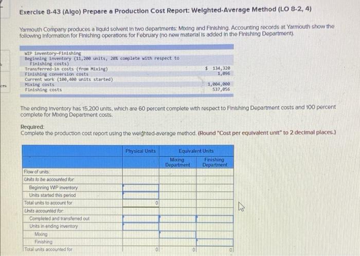  Exercise 3.43 (Algo) Prepare a Production Cost Report: Welghted-Average Method (LO