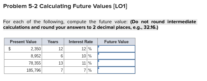  Problem 5-2 Calculating Future Values [LO1] For each of the following,