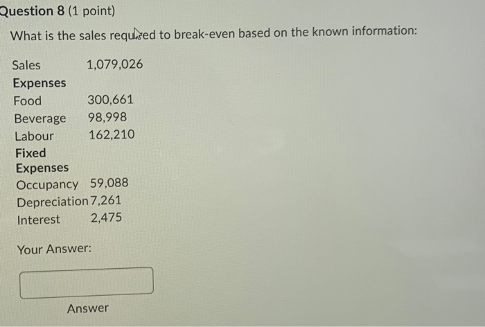 below. Sales 637,810 Food and Beverage Cost 110,558 Labour Cost 130,921 Fixed