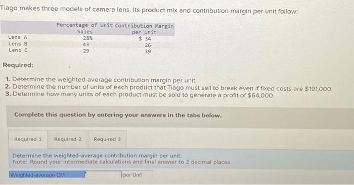  Required: 1. Determine the weighted-average contribution margin per unit 2. Determine