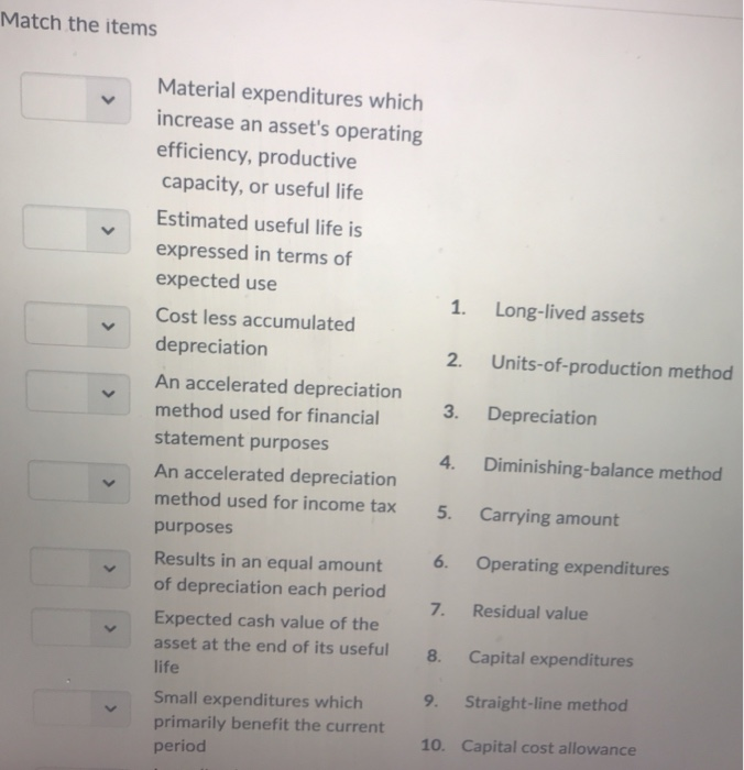  Match Question and Question 7 Match the items Material expenditures which