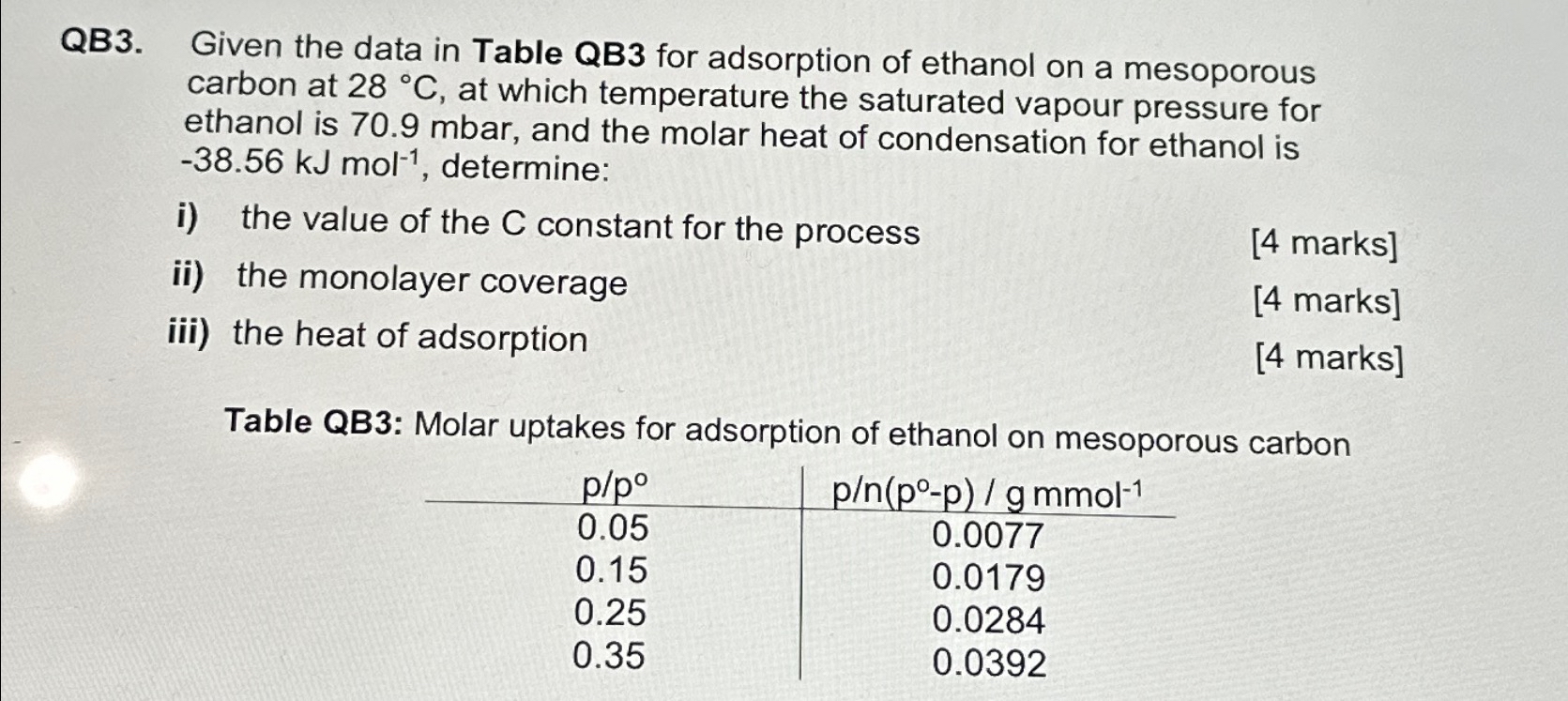  QB3. Given the data in Table QB3 for adsorption of ethanol