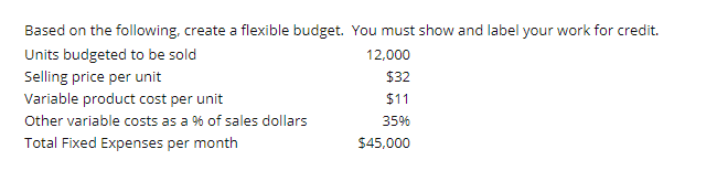 Based on the following, create a flexible budget. You must show