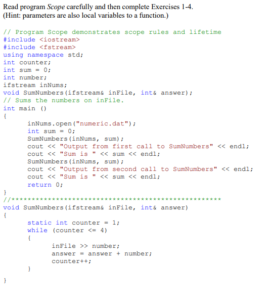 I need help with these exercises. language is C++. Read program Scope