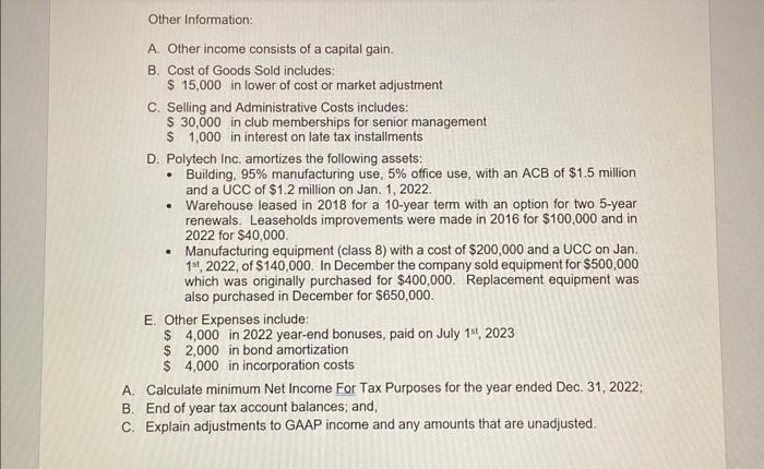 Net Income for its Dec. 31st, 2022, year-end as follows: Other Information: