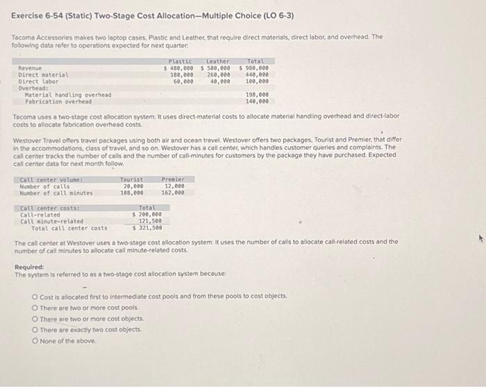  Exercise 6-54 (Static) Two-Stage Cost Allocation-Multiple Choice (LO 6-3) Tacoma Accessories