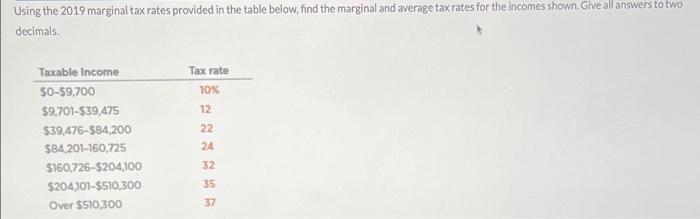  Using the 2019 marginal tax rates provided in the table below,