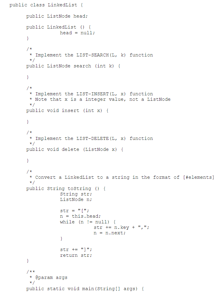 the LIST-SEARCH (L, k) function public ListNode search (int k) [ Implement