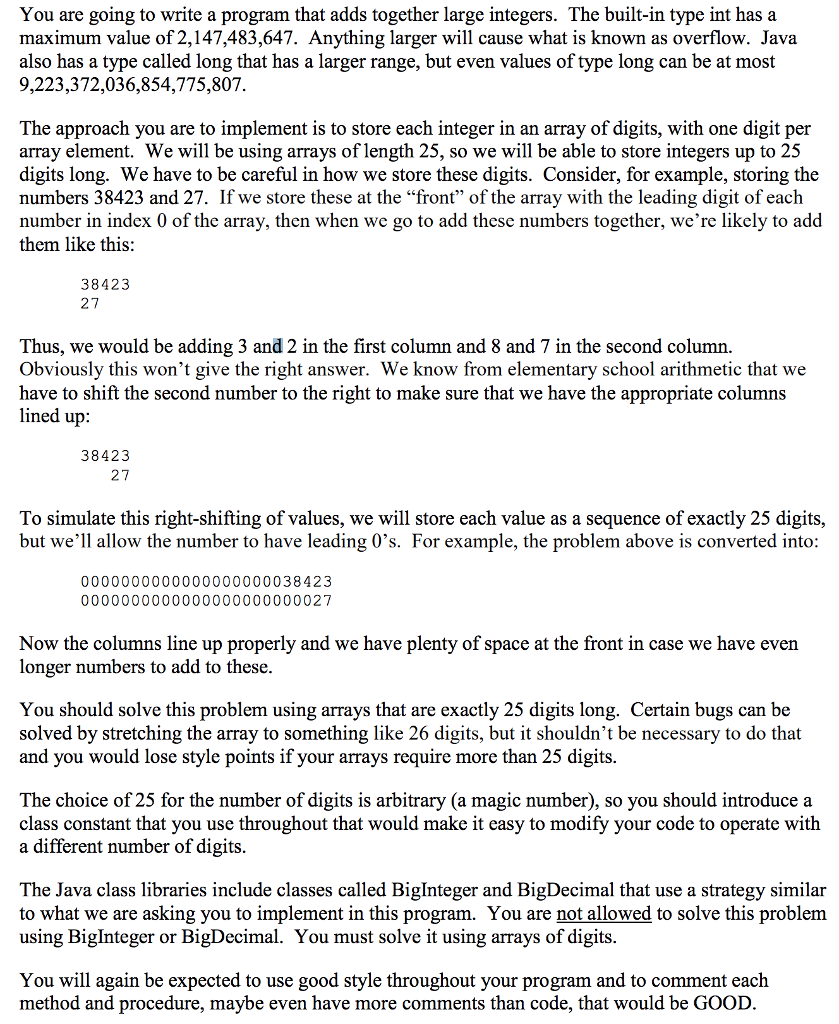  1. Submit SumBigInts.java with a main method plus at least three