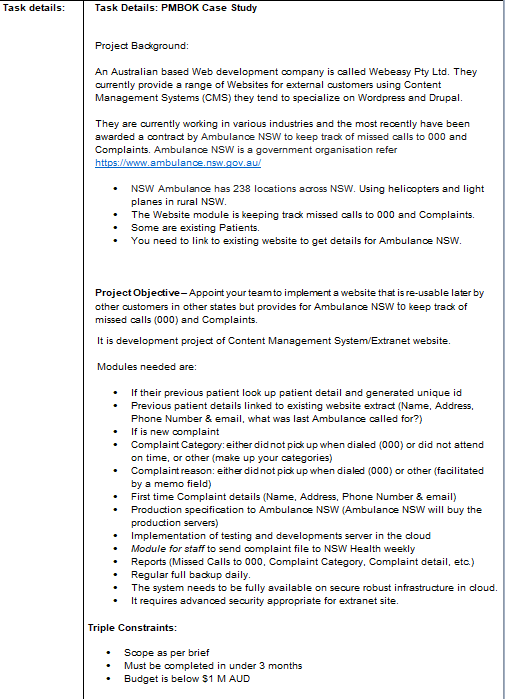  Task Details: PMBOK Case Study Project Badground: An Australian based Web