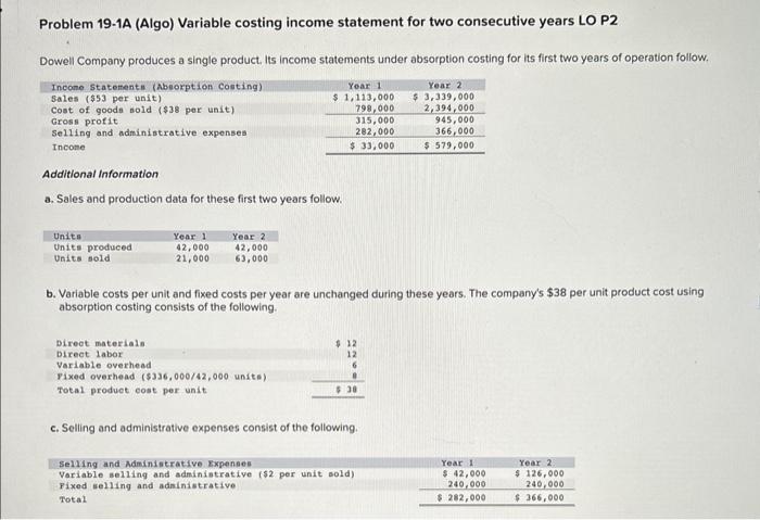  Problem 19-1A (Algo) Variable costing income statement for two consecutive years