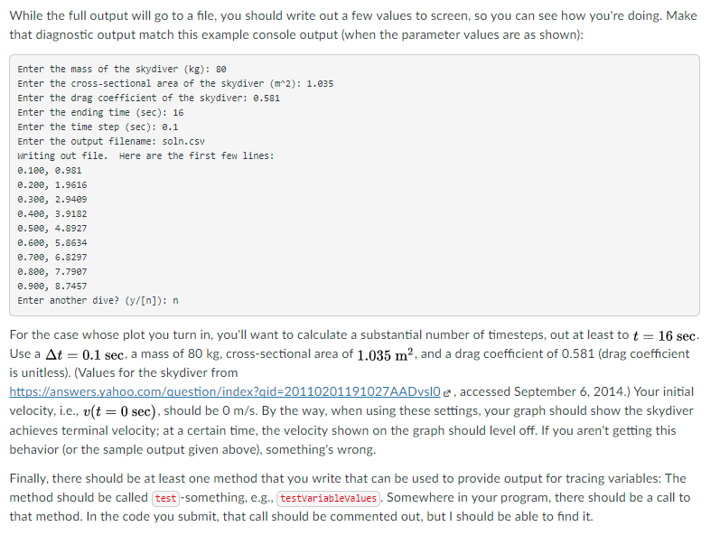 plot of velocity vs. time for a skydive case (the parameters of