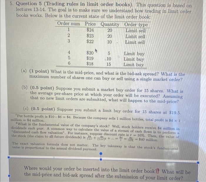  Question 5 (Trading rules in limit order books). This question is