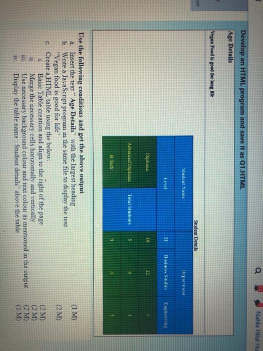  a Nahla Hilal Hu Develop an HTML program and save it