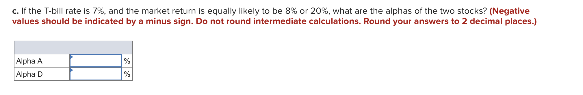 on two stocks for two particular market returns: Market Return 8$ 20