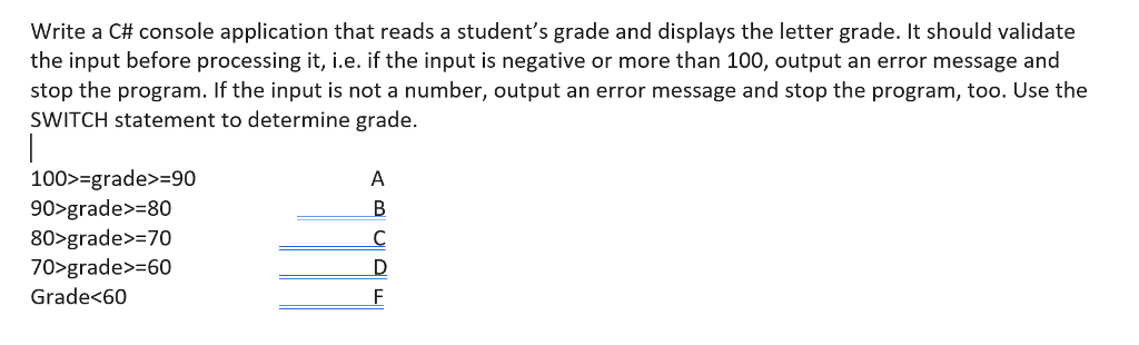  Write a C# console application that reads a student's grade and