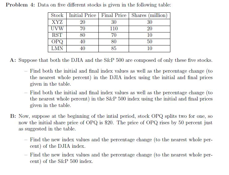 Problem 4: Data on five different stocks is given in the