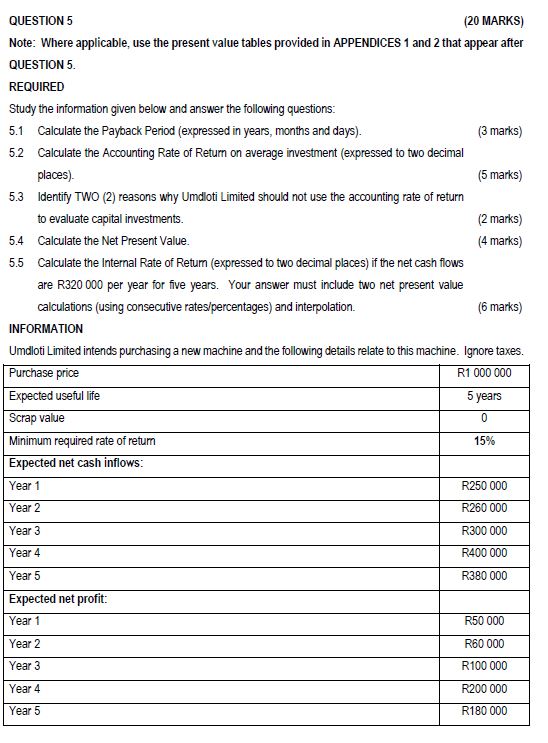 QUESTION 5 (20 MARKS) Note: Where applicable, use the present value tables