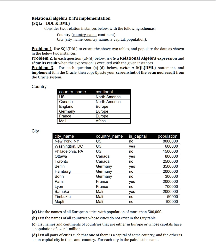 PROBLEM 3 ONLY Relational algebra & it's implementation (SQL: DDL & DML)