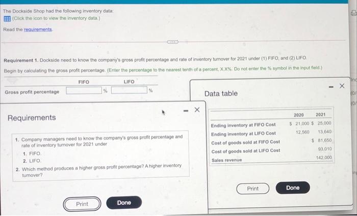  The Dockside Shop had the following inventory data: Click the icon