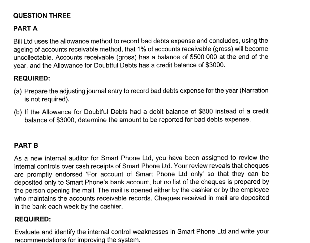 QUESTION THREE PART A Bill Ltd uses the allowance method to