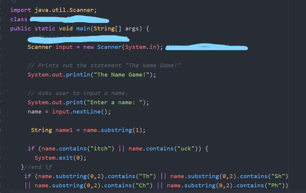 Write a Java code that prints out a title, requests a name