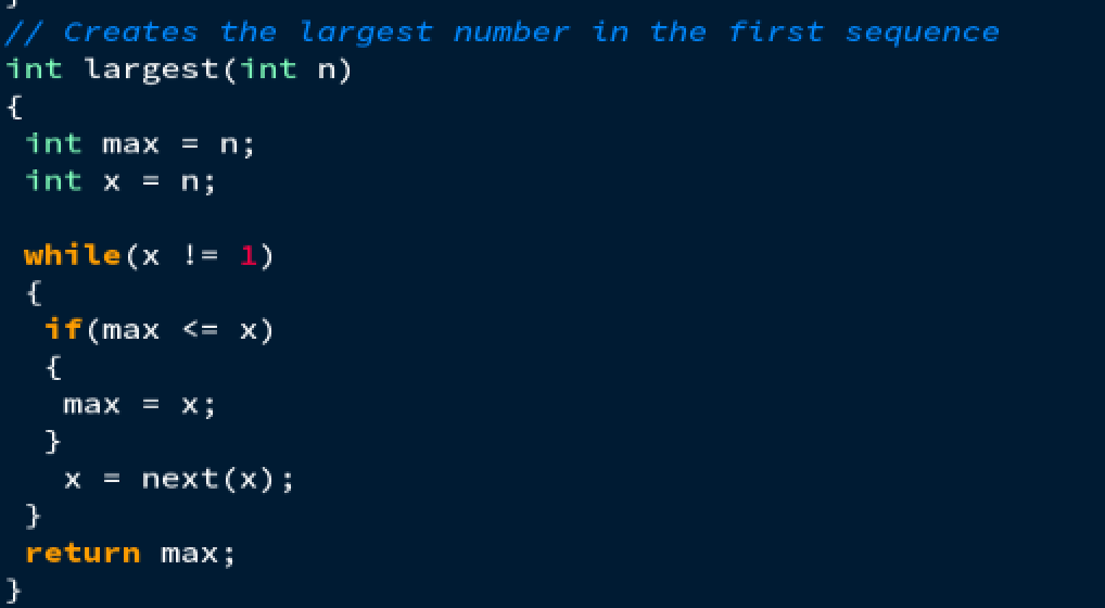 5 largest: 16 For start values from 1 to 16: longest: 9