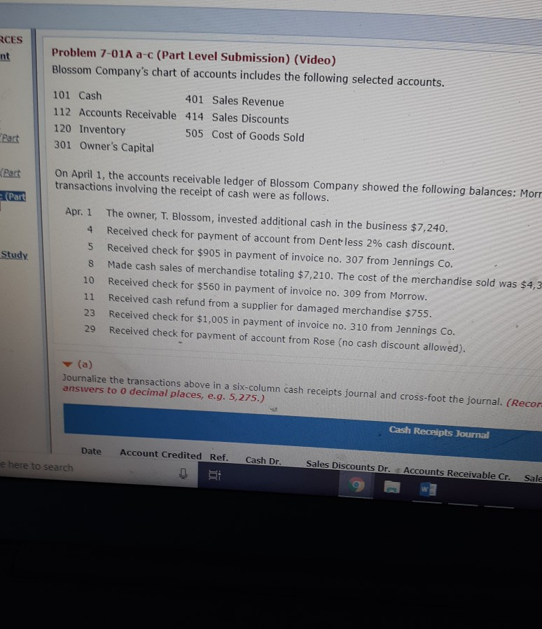 cash receipts journal RCES nt Problem 7-01A a-c (Part Level Submission)