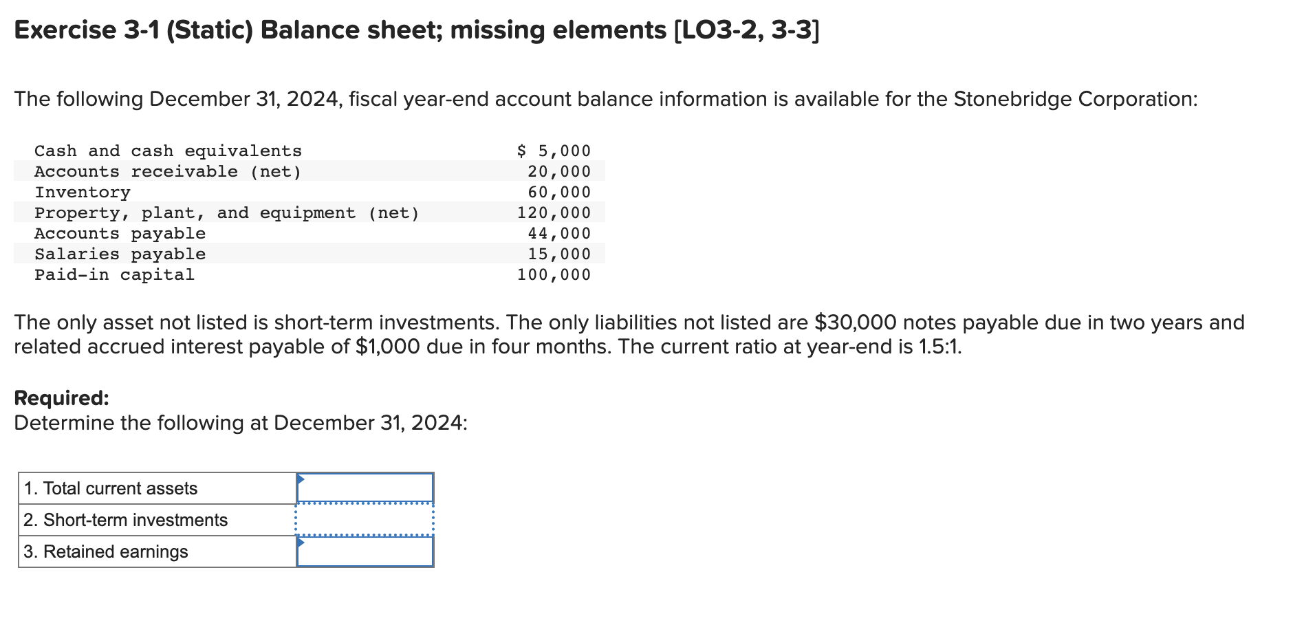  Exercise 3-1 (Static) Balance sheet; missing elements [LO3-2, 3-3] The following