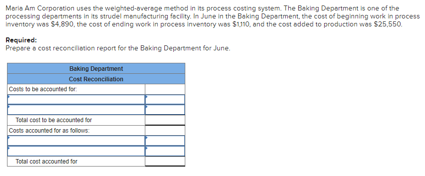  Maria Am Corporation uses the weighted-average method in its process costing
