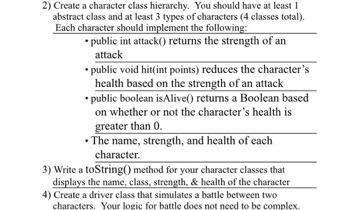 Java 2) Create a character class hierarchy. You should have at least