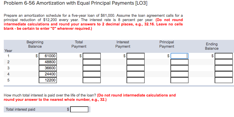  Problem 6-56 Amortization with Equal Principal Payments [LO3] Prepare an amortization