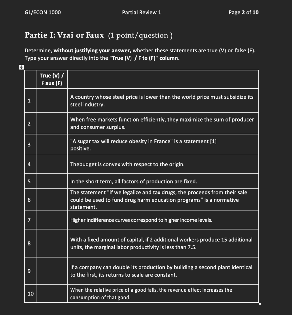  Determine, without justifying your answer, whether these statements are true (V)