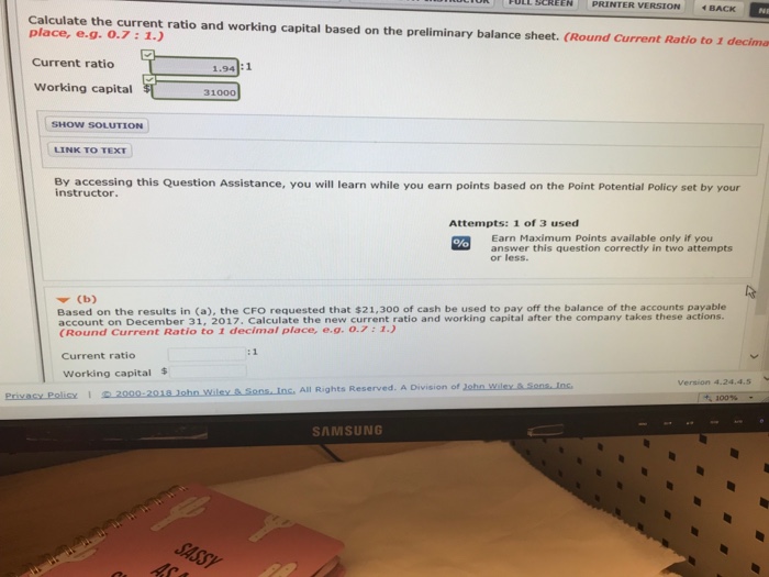  putt SCREEN PRINTER VERSION BACK Calculate the current ratio and working