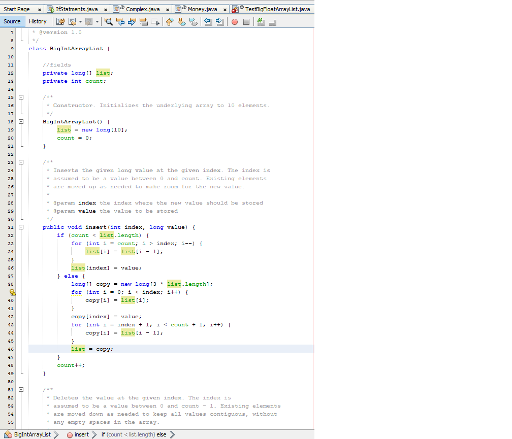 lab Lab 2 - Bulletproofing In both BigIntArrayList and NumericObjectArrayList, improve the