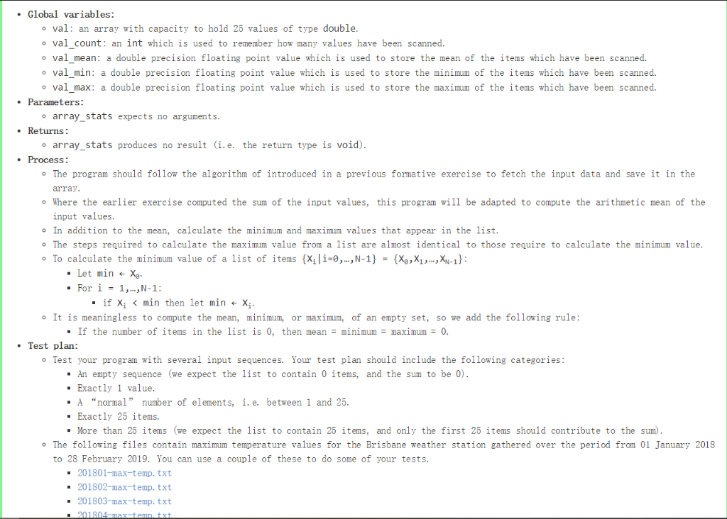  #include #include #include // Declare Global variables here. void array_stats() {