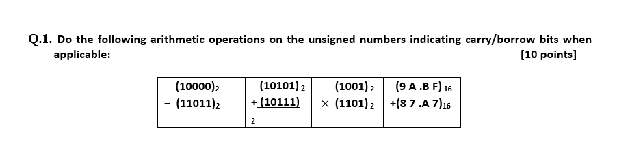 1. Do the following arithmetic operations on the unsigned numbers indicating