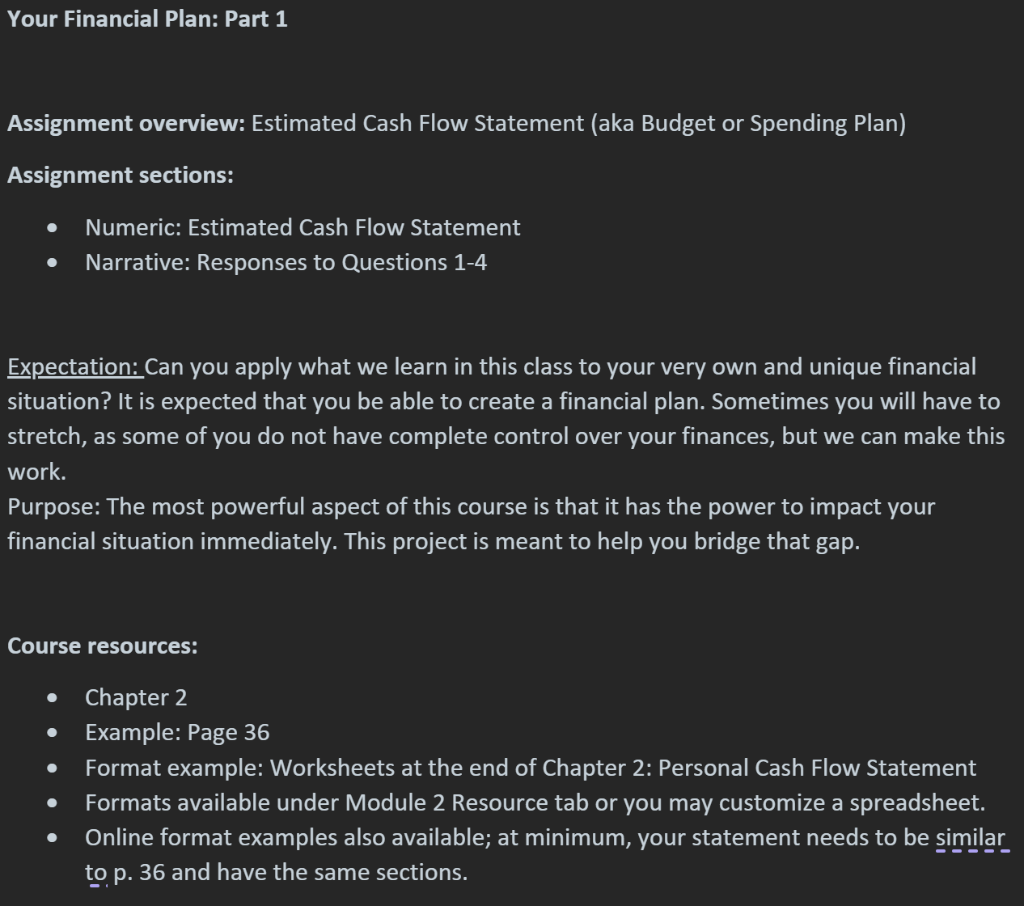 Assignment overview: Estimated Cash Flow Statement (aka Budget or Spending Plan)
