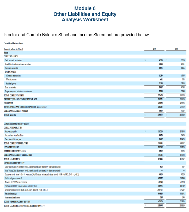  Module 6 Other Liabilities and Equity Analysis Worksheet Proctor and Gamble