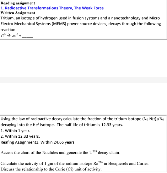Reading assignment 1. Radioactive Transformations Theory, The Weak Force Written Assignment
