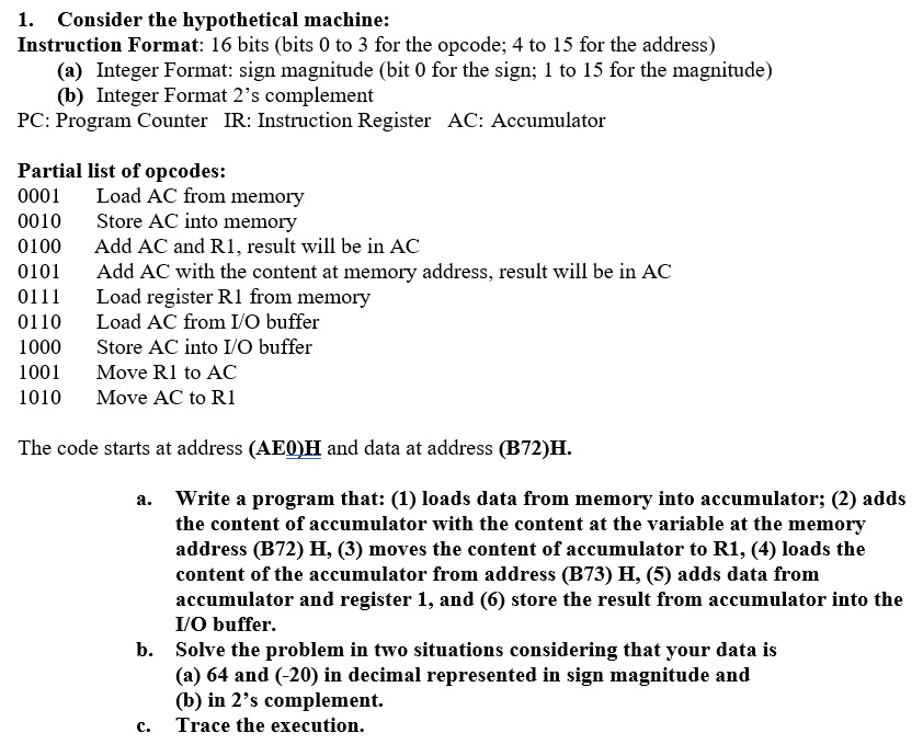  1. Consider the hypothetical machine: Instruction Format: 16 bits (bits 0