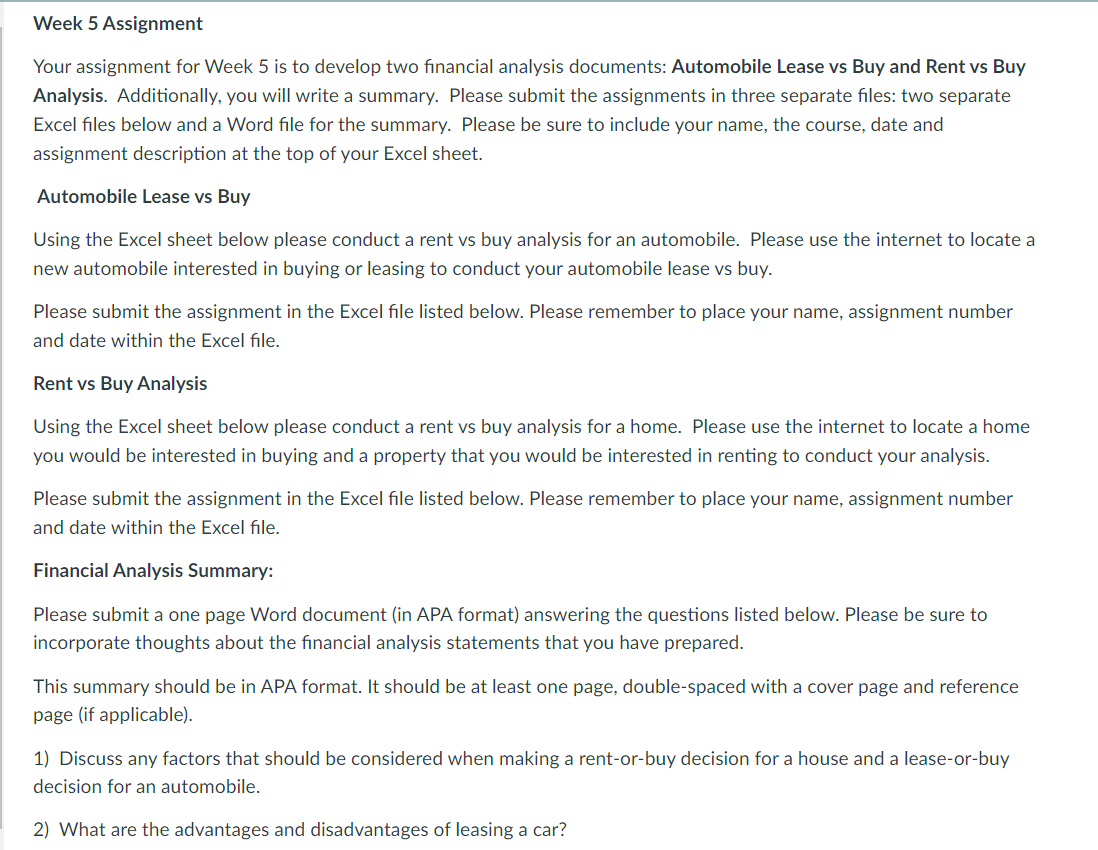 two financial analysis documents: Automobile Lease vs Buy and Rent vs Buy