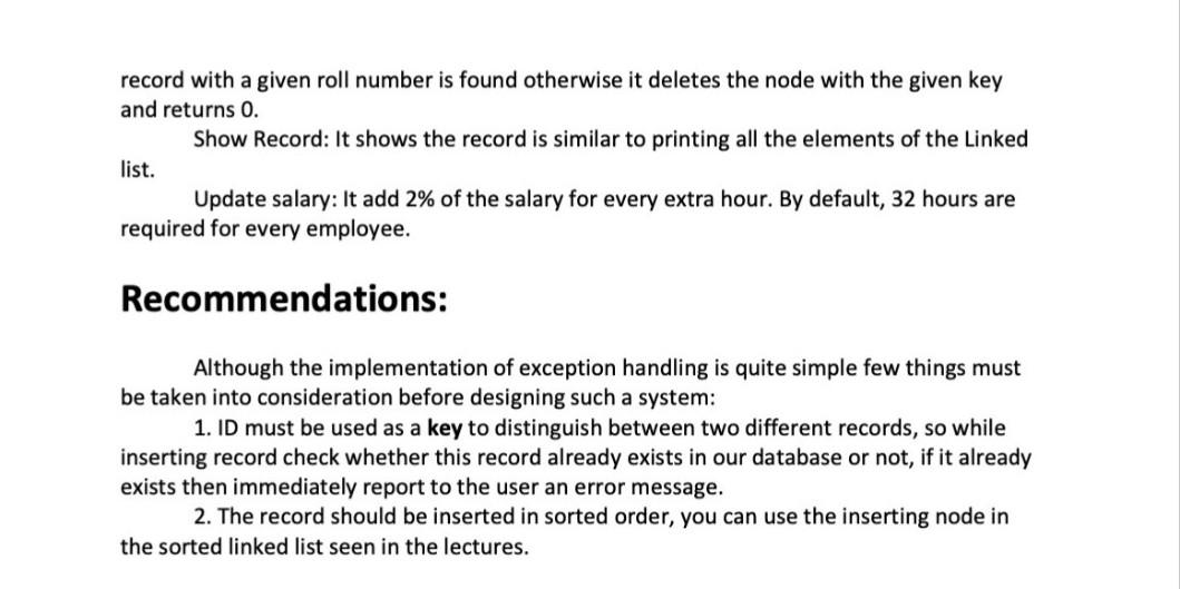 system using linked list Problem: Create an employee Record Management system using