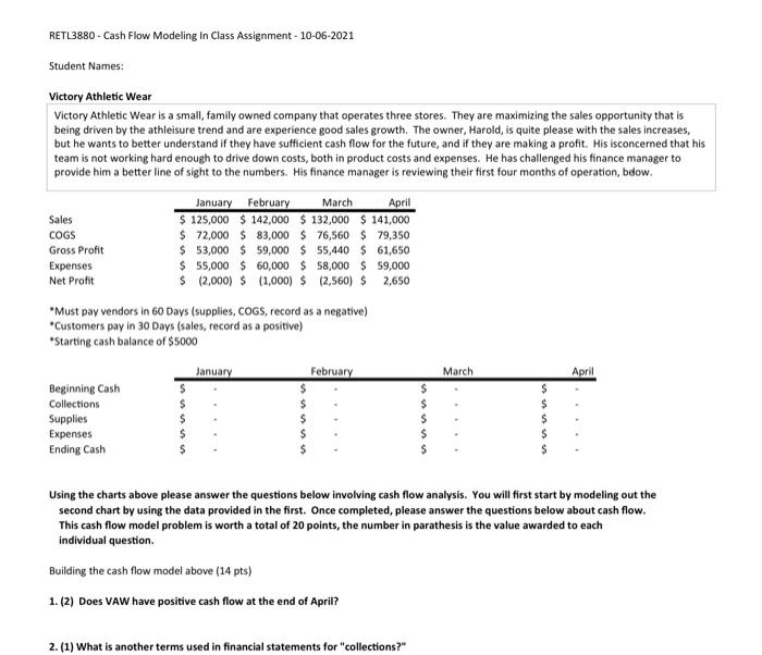  please complete the cash flow model and answer questions 1 -