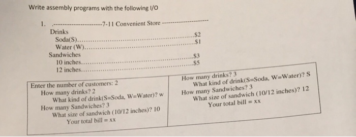  C++ Write assembly programs with the following /o 7-11 Convenient Store