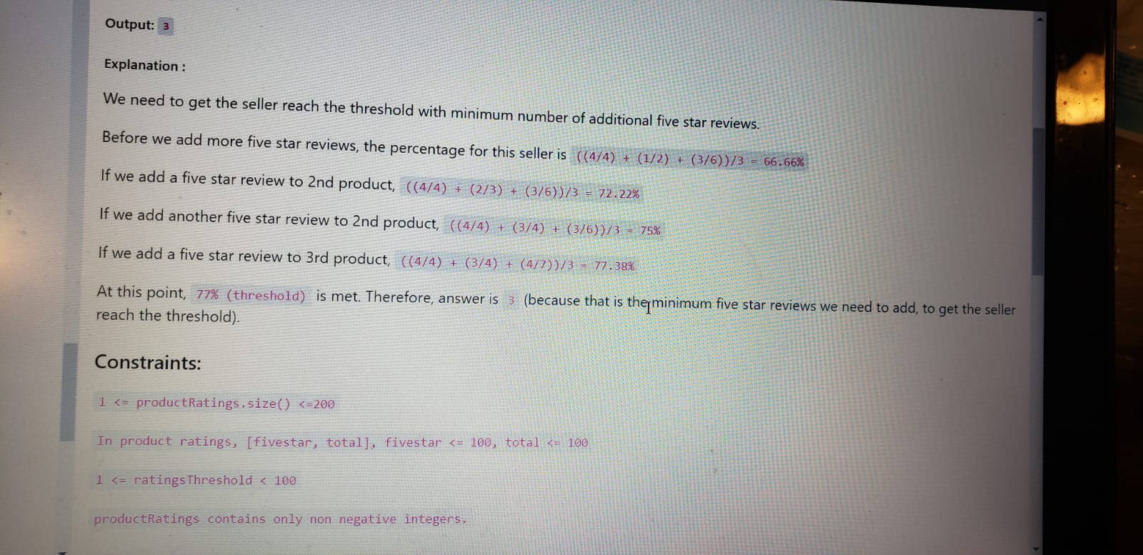 each product a company sells, as well as the threshold percentage, what