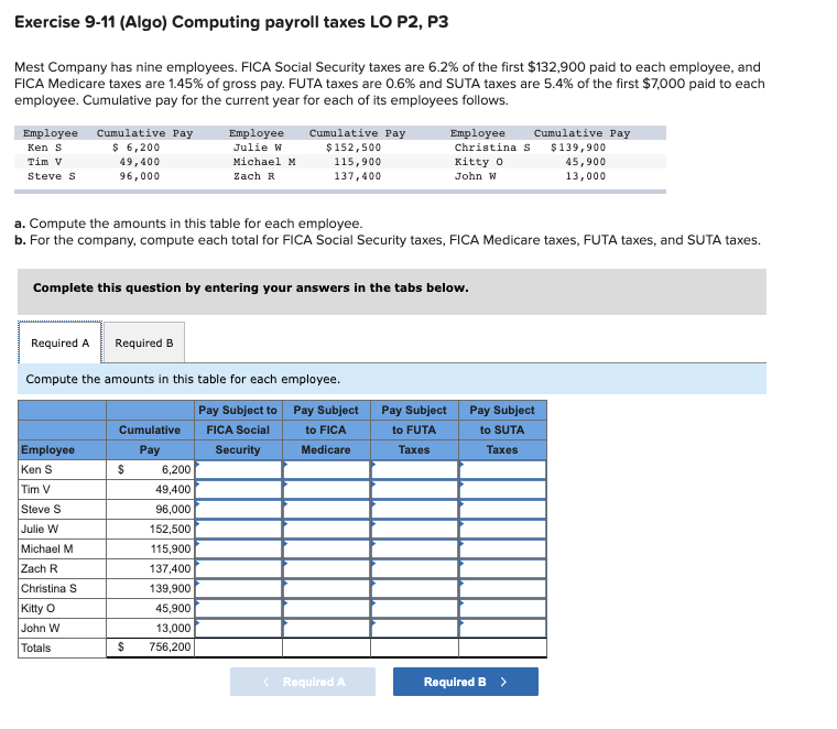  Exercise 9-11 (Algo) Computing payroll taxes LO P2, P3 Mest Company