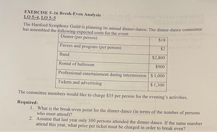  the answer is wrong, EXERCISE 5-16 Break-Even Analysis LO 5-4, LO