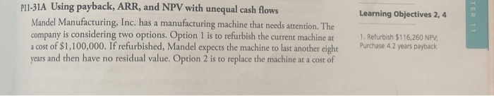  Learning Objectives 2,4 P11-31A Using payback, ARR, and NPV with unequal