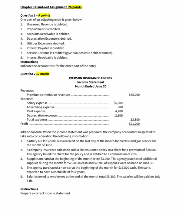  Chapter 3 Hand-out Assignment 26 points Question 1 - 9 points
